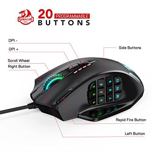 Redragon M908 Impact RGB LED MMO Mouse with Side Buttons Optical Wired Gaming Mouse with 12,400DPI, High Precision, 20 Programmable Mouse Buttons