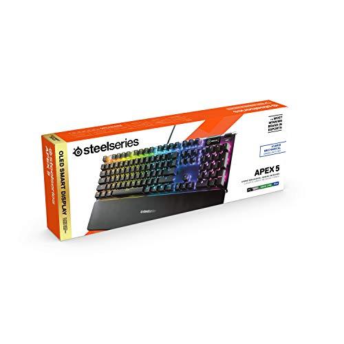 SteelSeries Apex 5 Hybrid Mechanical Gaming Keyboard – Per-Key RGB Illumination – Aircraft Grade Aluminum Alloy Frame – OLED Smart Display (Hybrid Blue Switch)