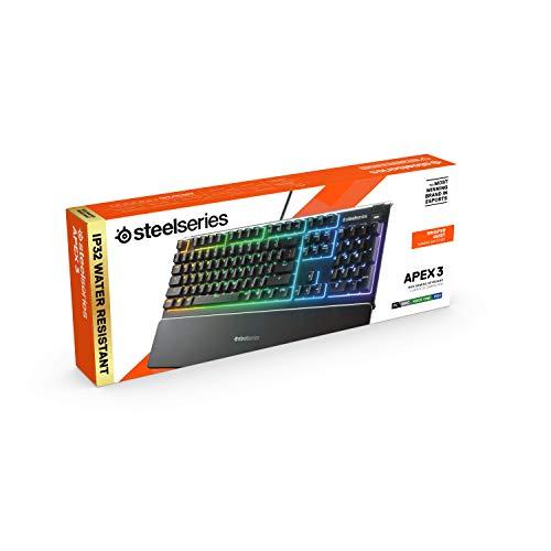 SteelSeries Apex 3 RGB Gaming Keyboard – 10-Zone RGB Illumination – IP32 Water Resistant – Premium Magnetic Wrist Rest (Whisper Quiet Gaming Switch)